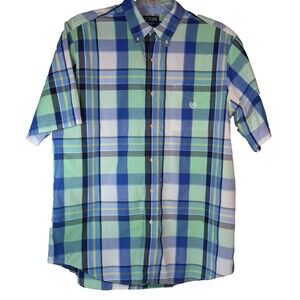 Chaps Mens Short Sleeve Button-Down Blue/Green Plaid Shirt XLT (TALL) Easy Care